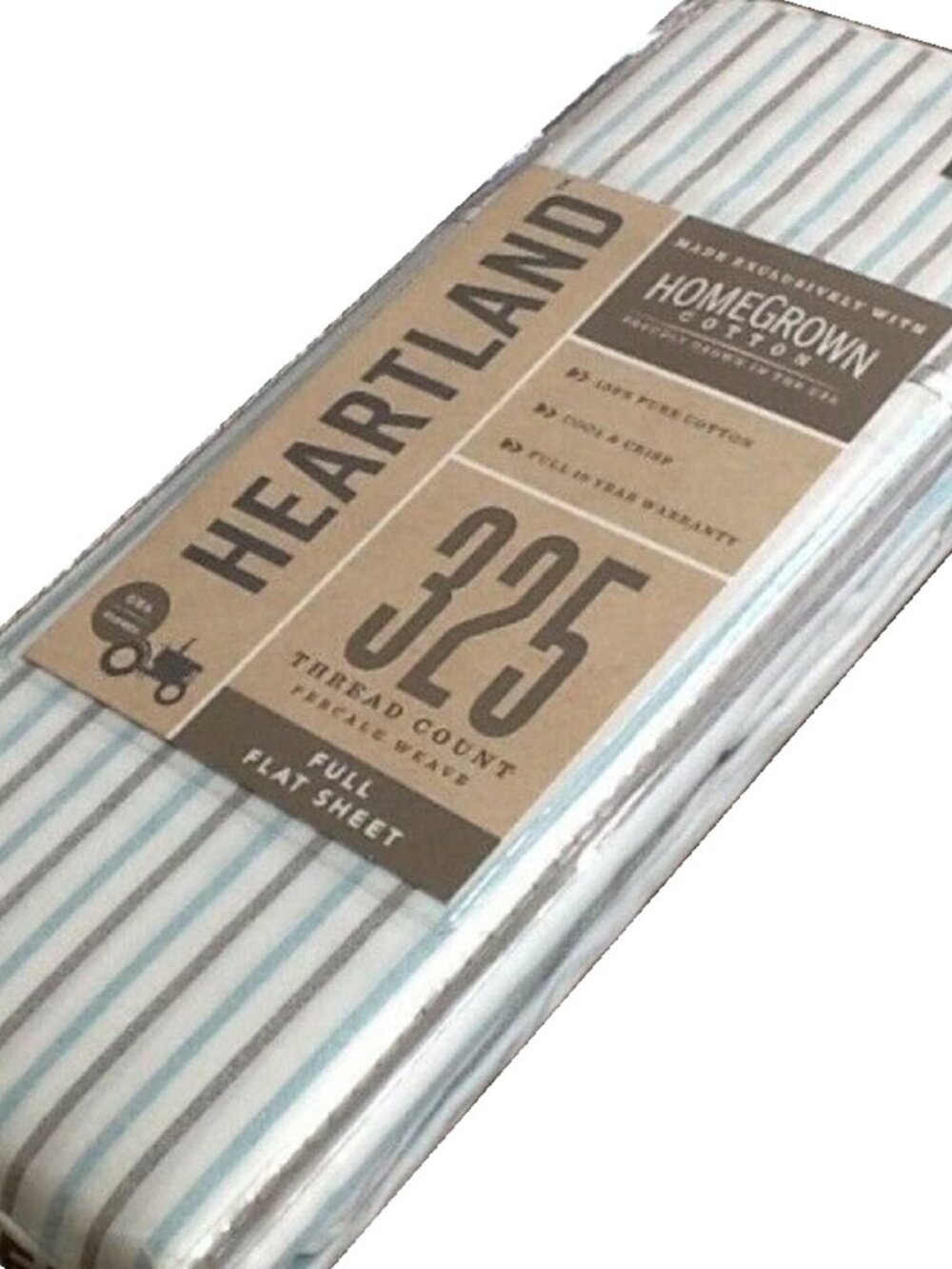 new STRIPE Heartland 325 Thread Count 100% Cotton Percale-Weave FULL Flat Sheet